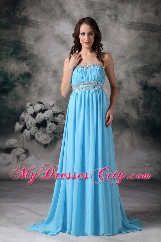 Baby Blue Beading Pleated Chiffon Prom Dress with Cutout Back