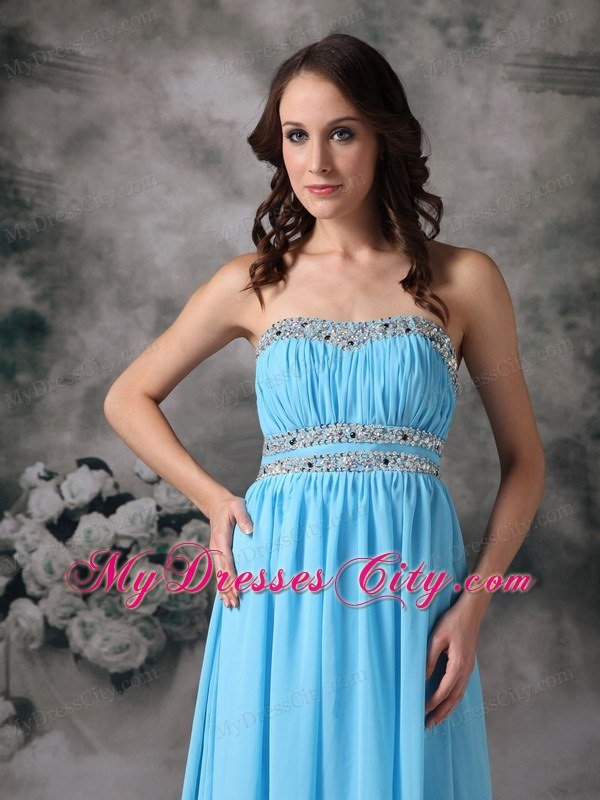 Baby Blue Beading Pleated Chiffon Prom Dress with Cutout Back