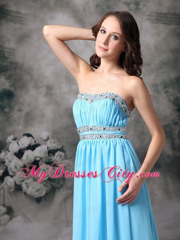 Baby Blue Beading Pleated Chiffon Prom Dress with Cutout Back