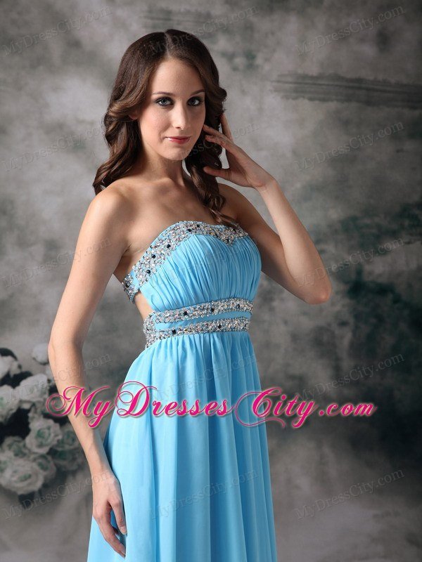 Baby Blue Beading Pleated Chiffon Prom Dress with Cutout Back