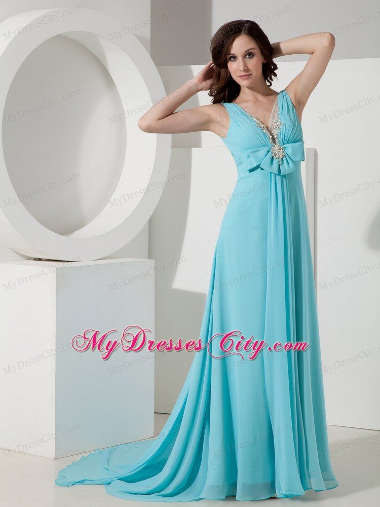 V-neck Prom Homecoming Dress Light Blue Chiffon Beaded Bowknot