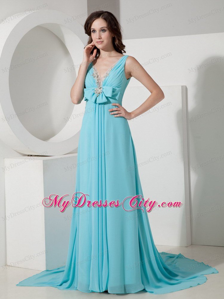 V-neck Prom Homecoming Dress Light Blue Chiffon Beaded Bowknot