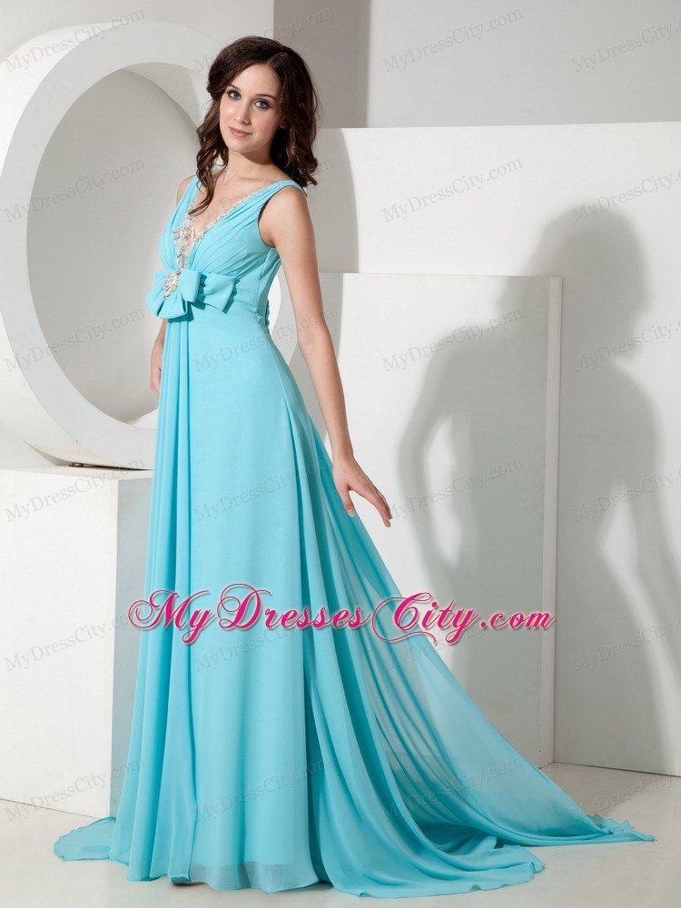 V-neck Prom Homecoming Dress Light Blue Chiffon Beaded Bowknot