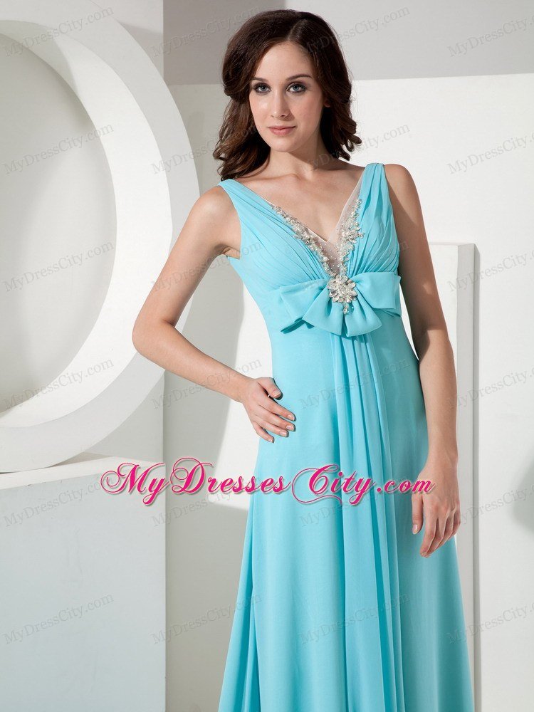 V-neck Prom Homecoming Dress Light Blue Chiffon Beaded Bowknot