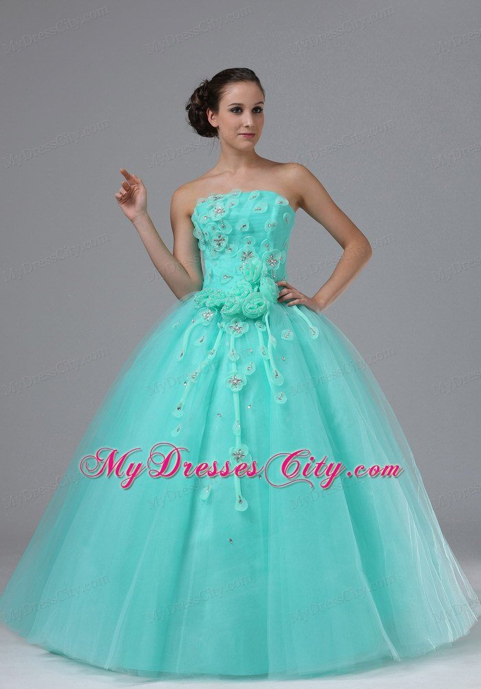 Hand Flowers Apple Green Appliques Military Ball Prom Dress