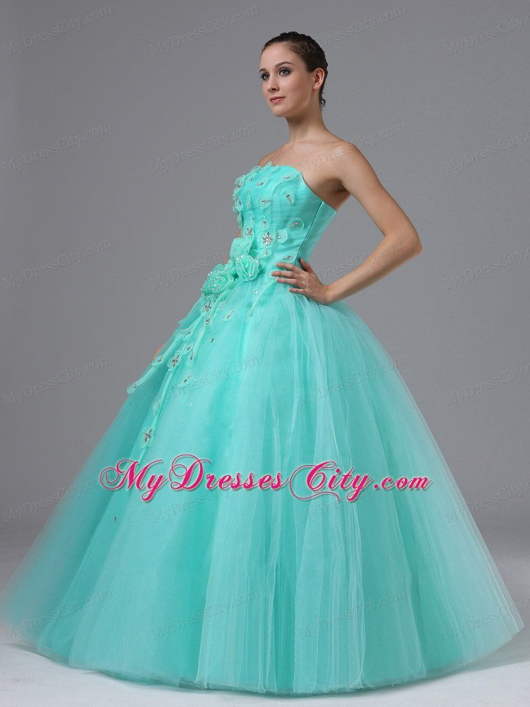 Hand Flowers Apple Green Appliques Military Ball Prom Dress