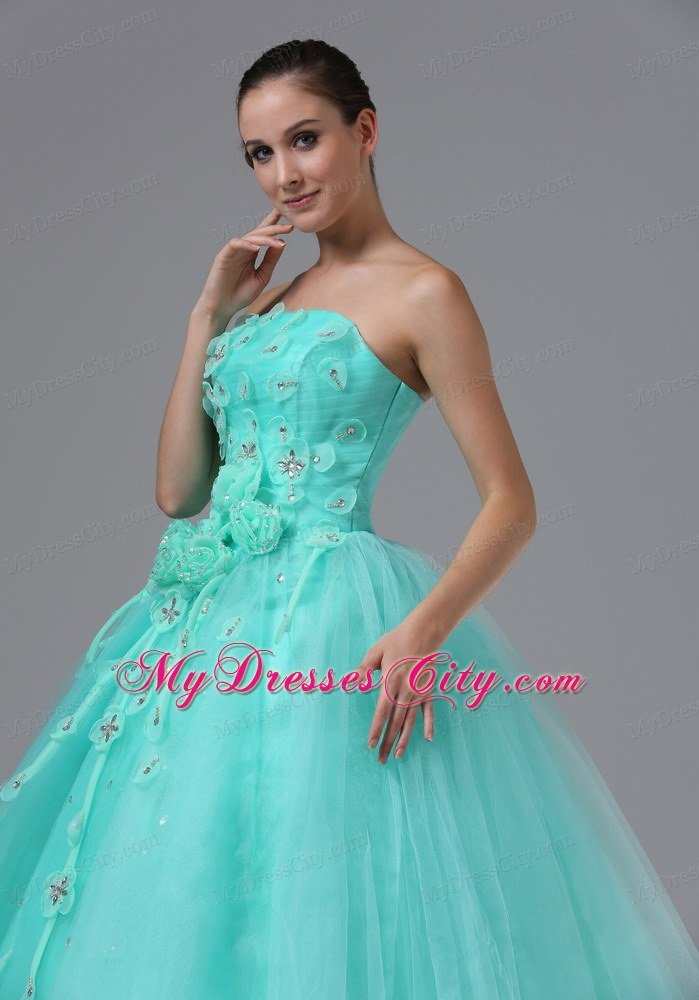 Hand Flowers Apple Green Appliques Military Ball Prom Dress