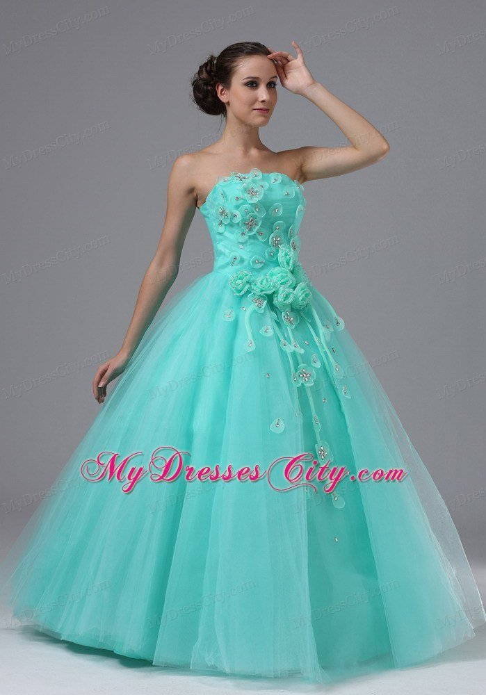 Hand Flowers Apple Green Appliques Military Ball Prom Dress