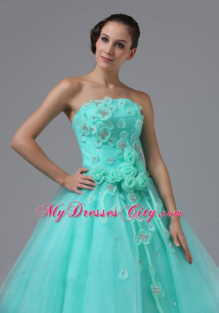 Hand Flowers Apple Green Appliques Military Ball Prom Dress