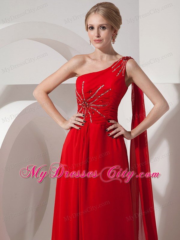 Red Sheath Prom Evening Dress with Chiffon Beaded One Shoulder