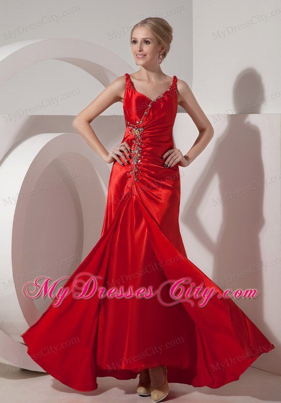 Ruched Beading Red Evening Dress Silk Like Satin Straps