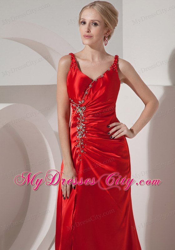 Ruched Beading Red Evening Dress Silk Like Satin Straps