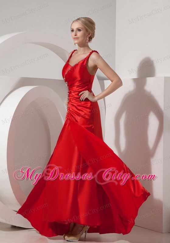 Ruched Beading Red Evening Dress Silk Like Satin Straps