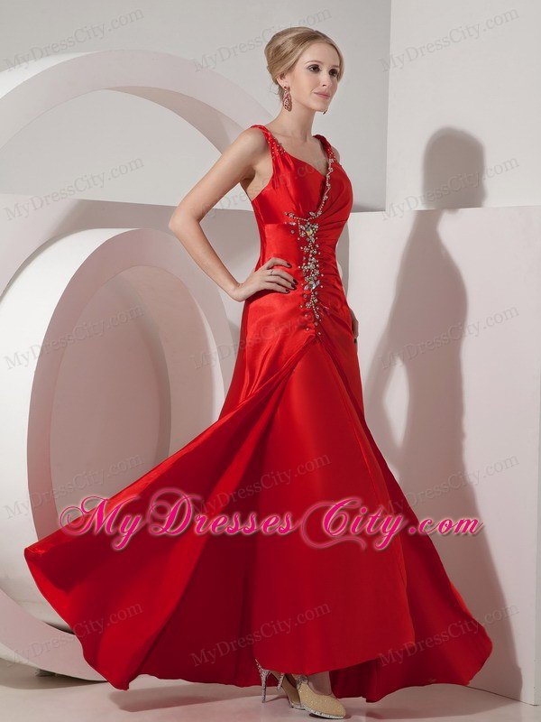 Ruched Beading Red Evening Dress Silk Like Satin Straps