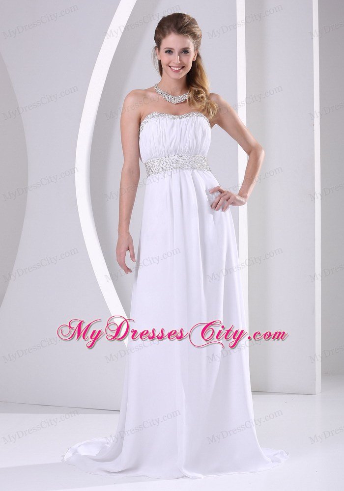 Beaded Chiffon Sweep Train White Prom Evening Dress 2013