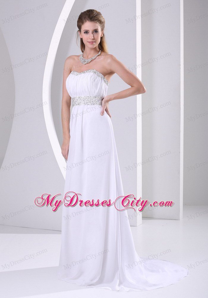 Beaded Chiffon Sweep Train White Prom Evening Dress 2013