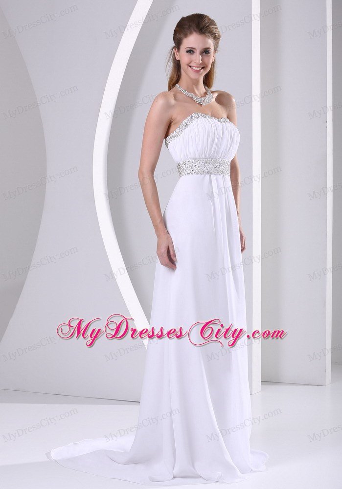 Beaded Chiffon Sweep Train White Prom Evening Dress 2013