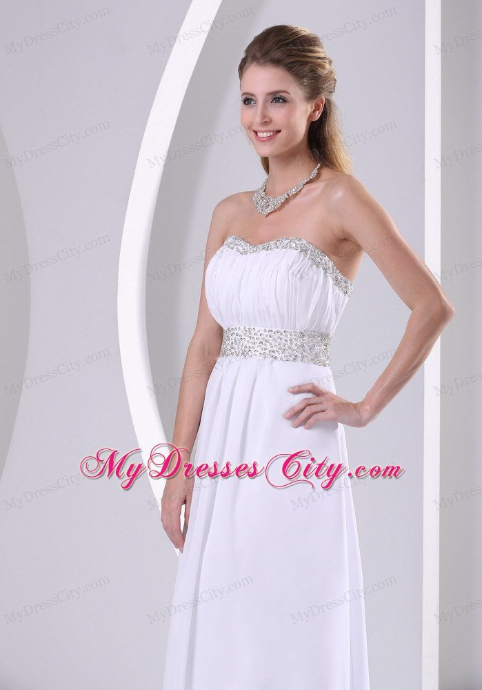 Beaded Chiffon Sweep Train White Prom Evening Dress 2013