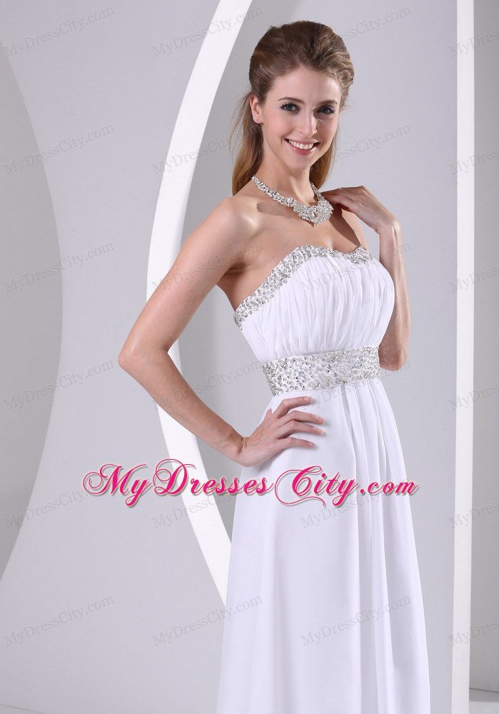 Beaded Chiffon Sweep Train White Prom Evening Dress 2013