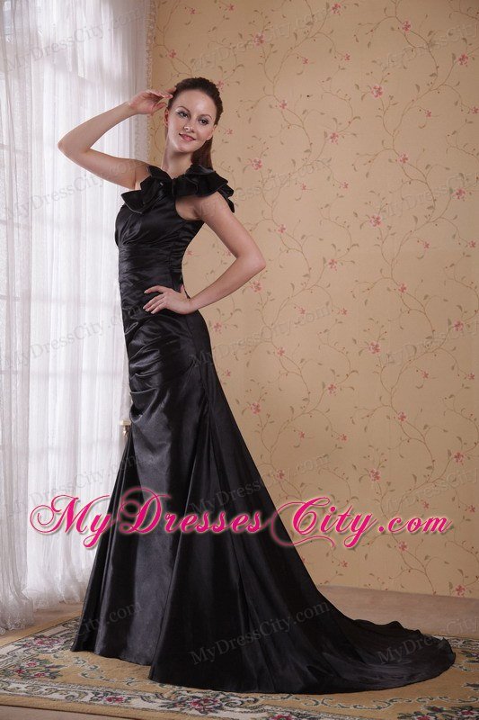 Black Court Train Prom Celebrity Dress With One Bow Shoulder