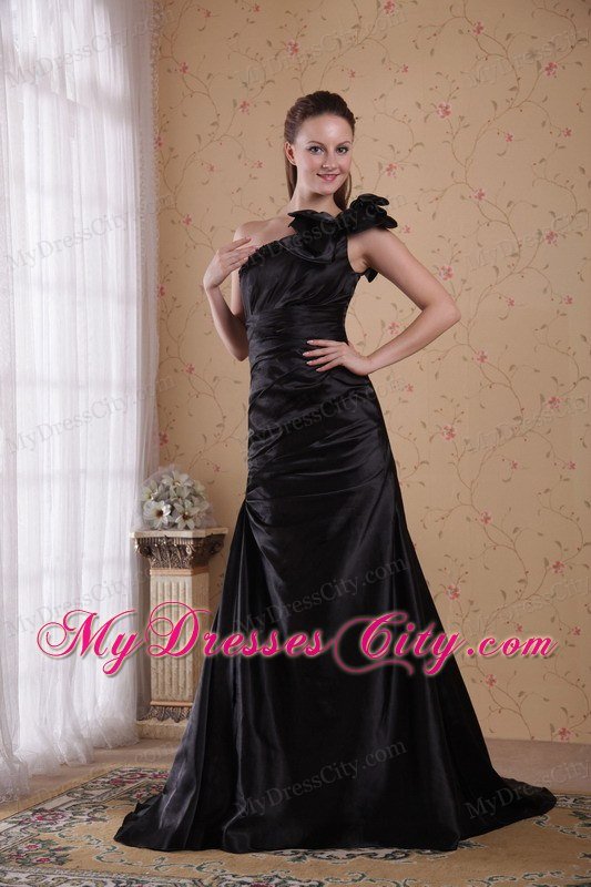 Black Court Train Prom Celebrity Dress With One Bow Shoulder