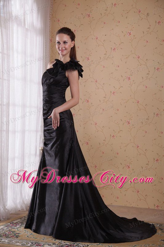 Black Court Train Prom Celebrity Dress With One Bow Shoulder