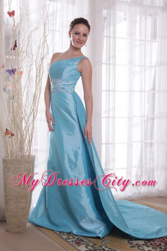 Baby Blue One Shoulder Beading Prom Dress with Side Zipper