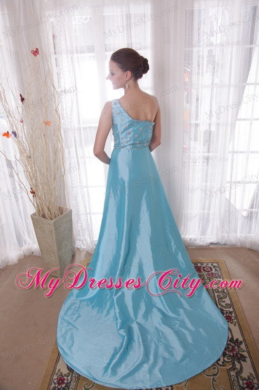 Baby Blue One Shoulder Beading Prom Dress with Side Zipper