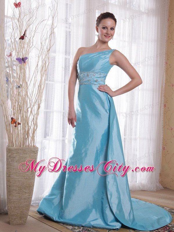 Baby Blue One Shoulder Beading Prom Dress with Side Zipper