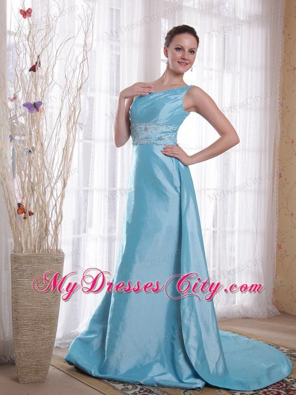 Baby Blue One Shoulder Beading Prom Dress with Side Zipper