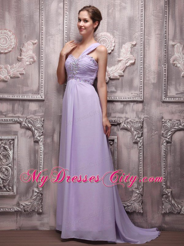 Chiffon One Shoulder Lilac Beading Prom Gowns Brush Train