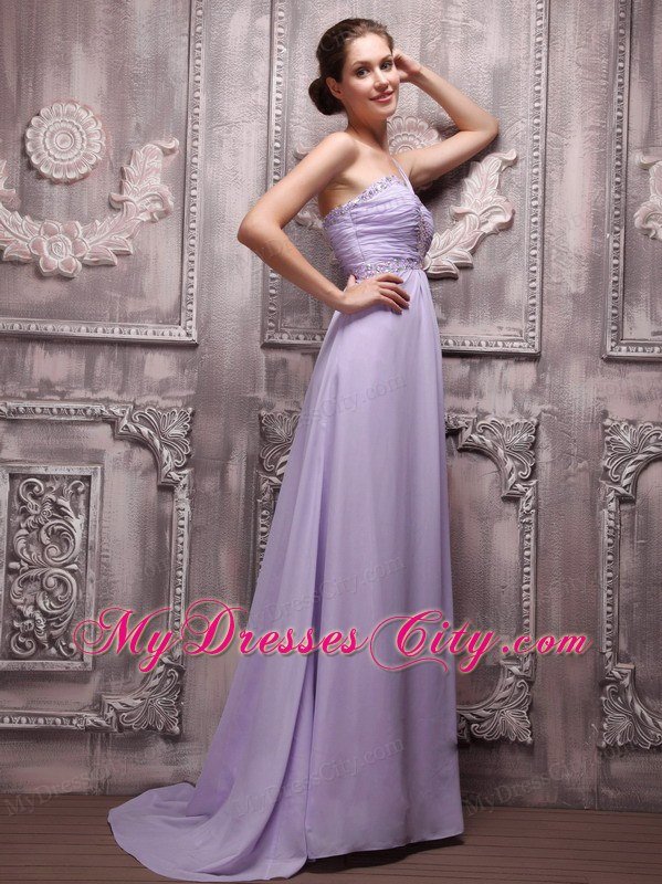 Chiffon One Shoulder Lilac Beading Prom Gowns Brush Train