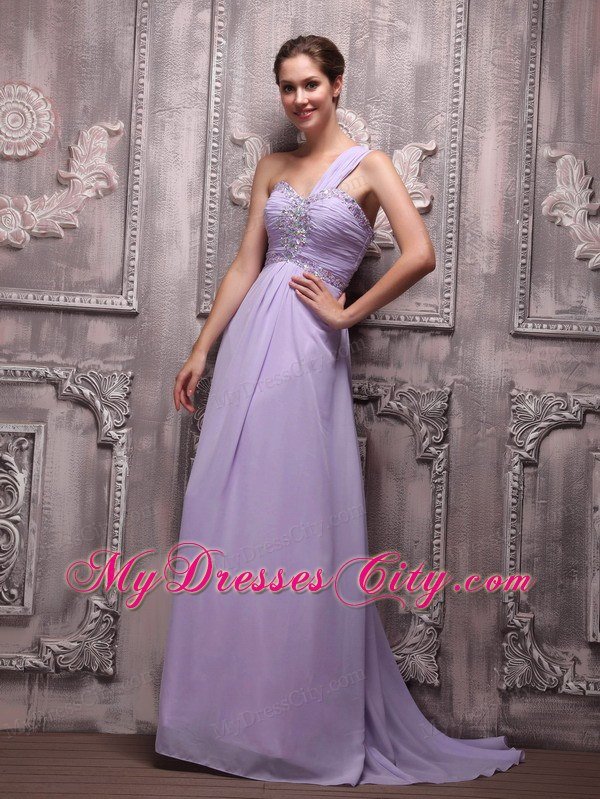 Chiffon One Shoulder Lilac Beading Prom Gowns Brush Train