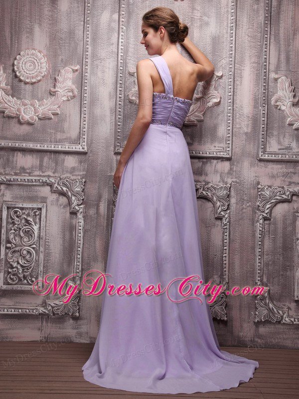 Chiffon One Shoulder Lilac Beading Prom Gowns Brush Train