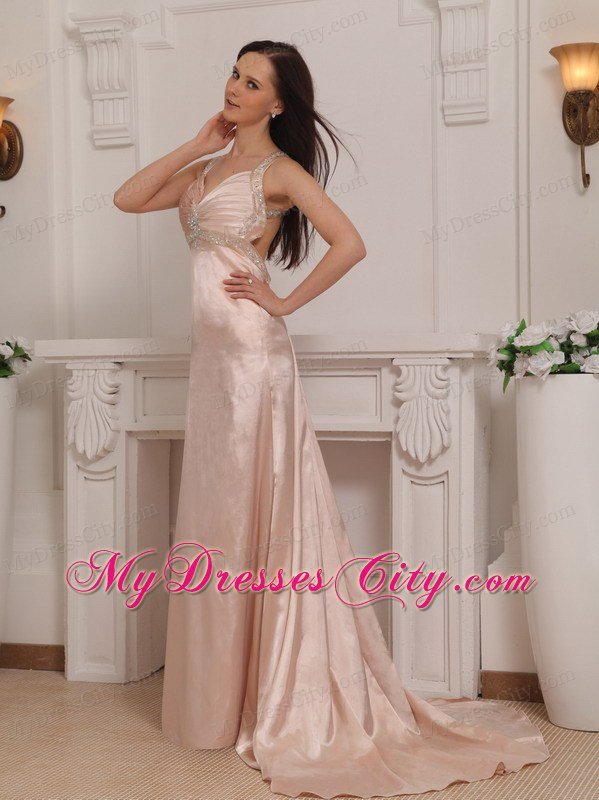 Light Pink Straps with Cut Out Waist Beaded Prom Dress Train