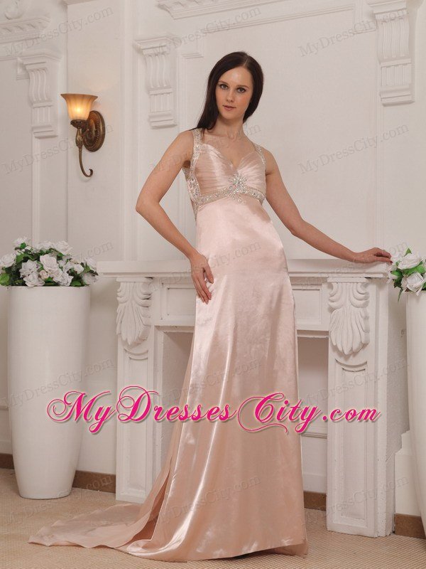 Light Pink Straps with Cut Out Waist Beaded Prom Dress Train