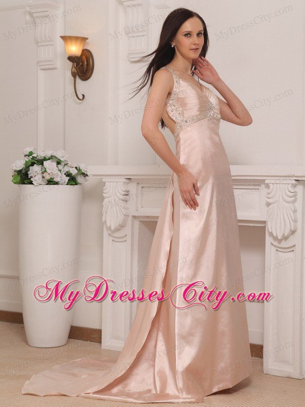 Light Pink Straps with Cut Out Waist Beaded Prom Dress Train