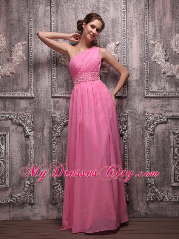 Rose Pink One Shoulder Chiffon Ruched Beading Prom Evening Dress