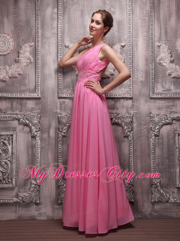 Rose Pink One Shoulder Chiffon Ruched Beading Prom Evening Dress