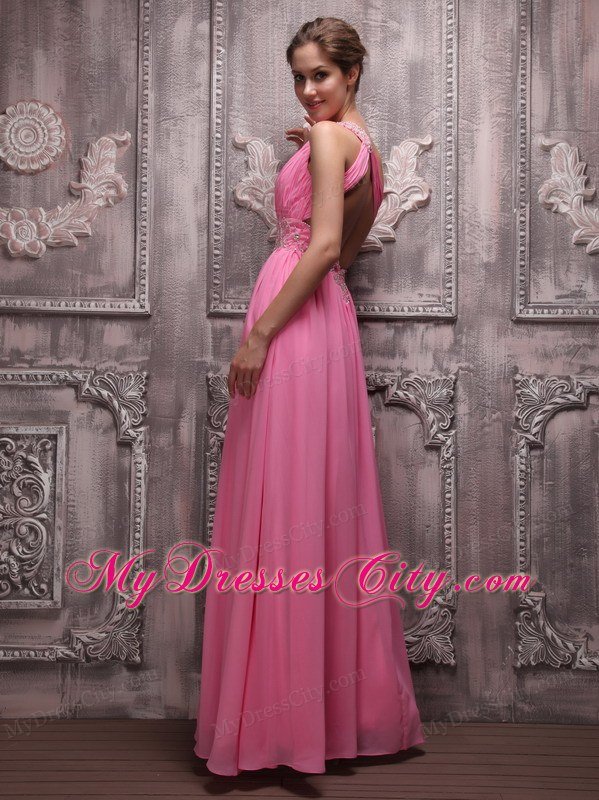 Rose Pink One Shoulder Chiffon Ruched Beading Prom Evening Dress