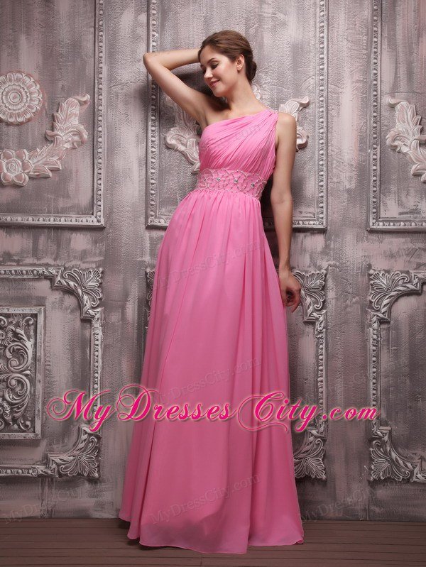 Rose Pink One Shoulder Chiffon Ruched Beading Prom Evening Dress