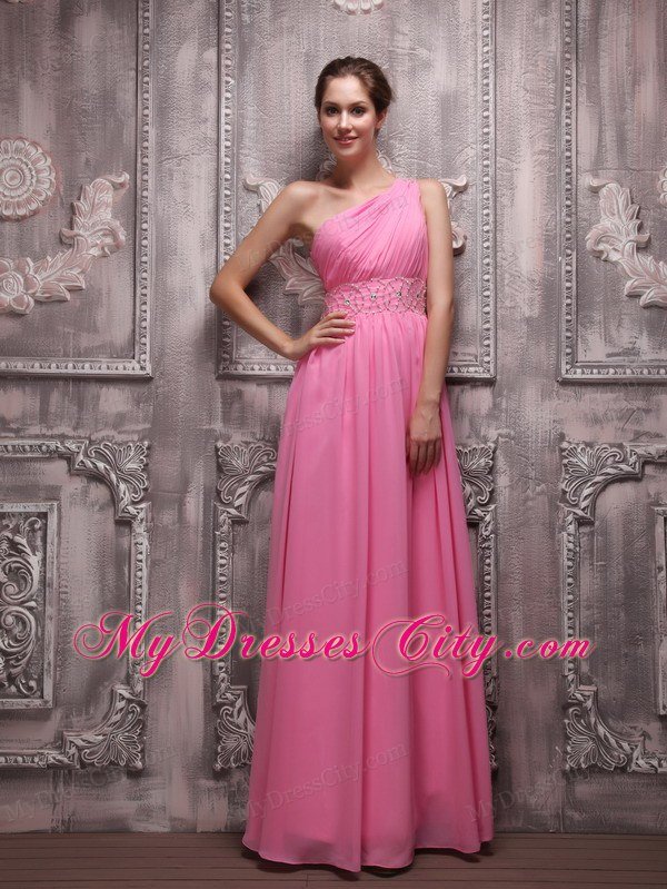 Rose Pink One Shoulder Chiffon Ruched Beading Prom Evening Dress