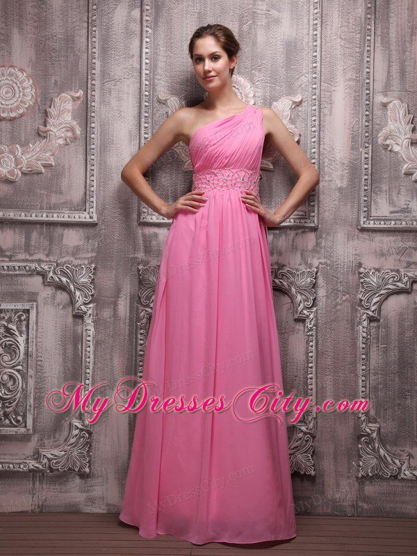 Rose Pink One Shoulder Chiffon Ruched Beading Prom Evening Dress