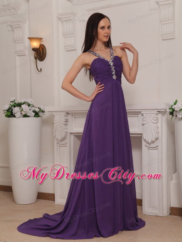 V-neck Train Chiffon Beaded Ruch Prom Dress Purple Cool Back