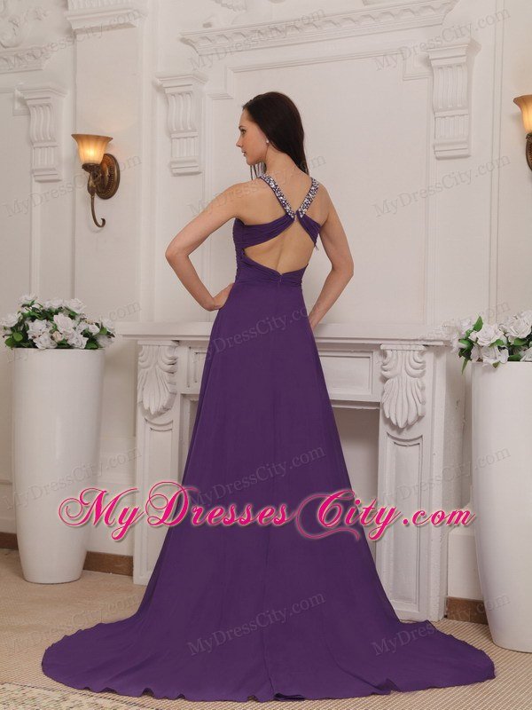 V-neck Train Chiffon Beaded Ruch Prom Dress Purple Cool Back