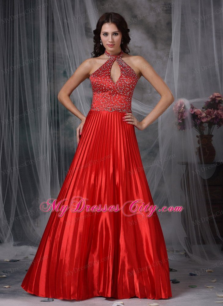 Beaded Keyhole Pleating Prom Dresses Red with Cutout Back