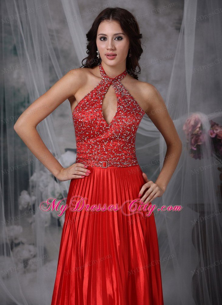 Beaded Keyhole Pleating Prom Dresses Red with Cutout Back