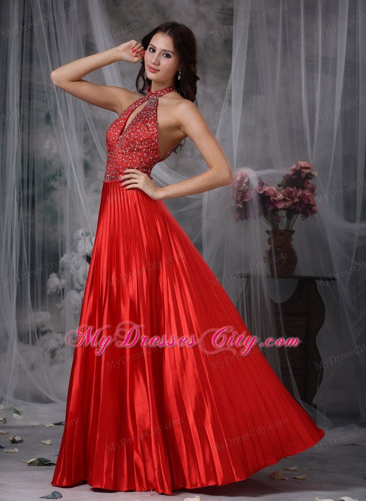 Beaded Keyhole Pleating Prom Dresses Red with Cutout Back