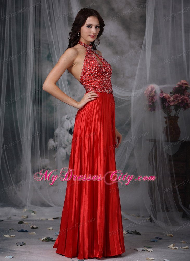 Beaded Keyhole Pleating Prom Dresses Red with Cutout Back