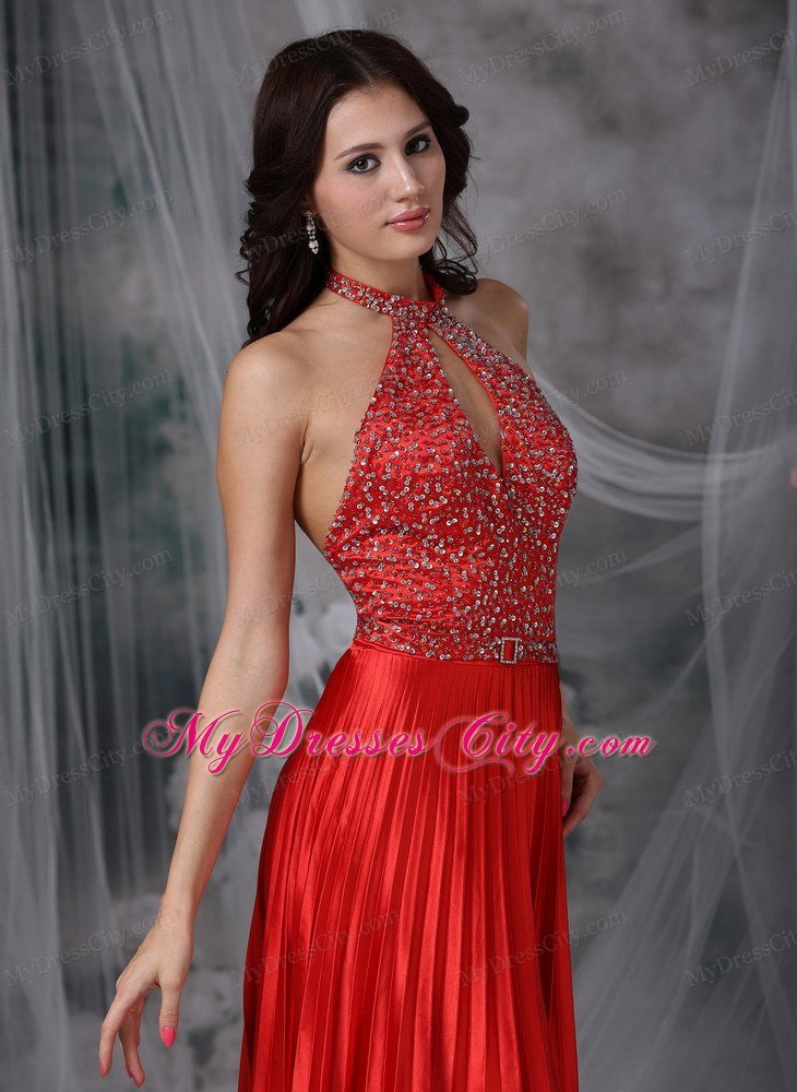 Beaded Keyhole Pleating Prom Dresses Red with Cutout Back